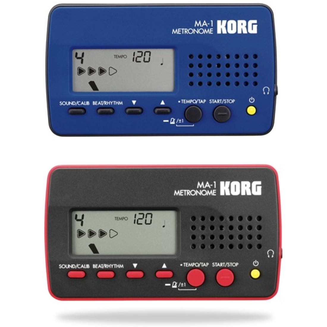 Blue rectangular KORG Metronome and black and red KORG metronome