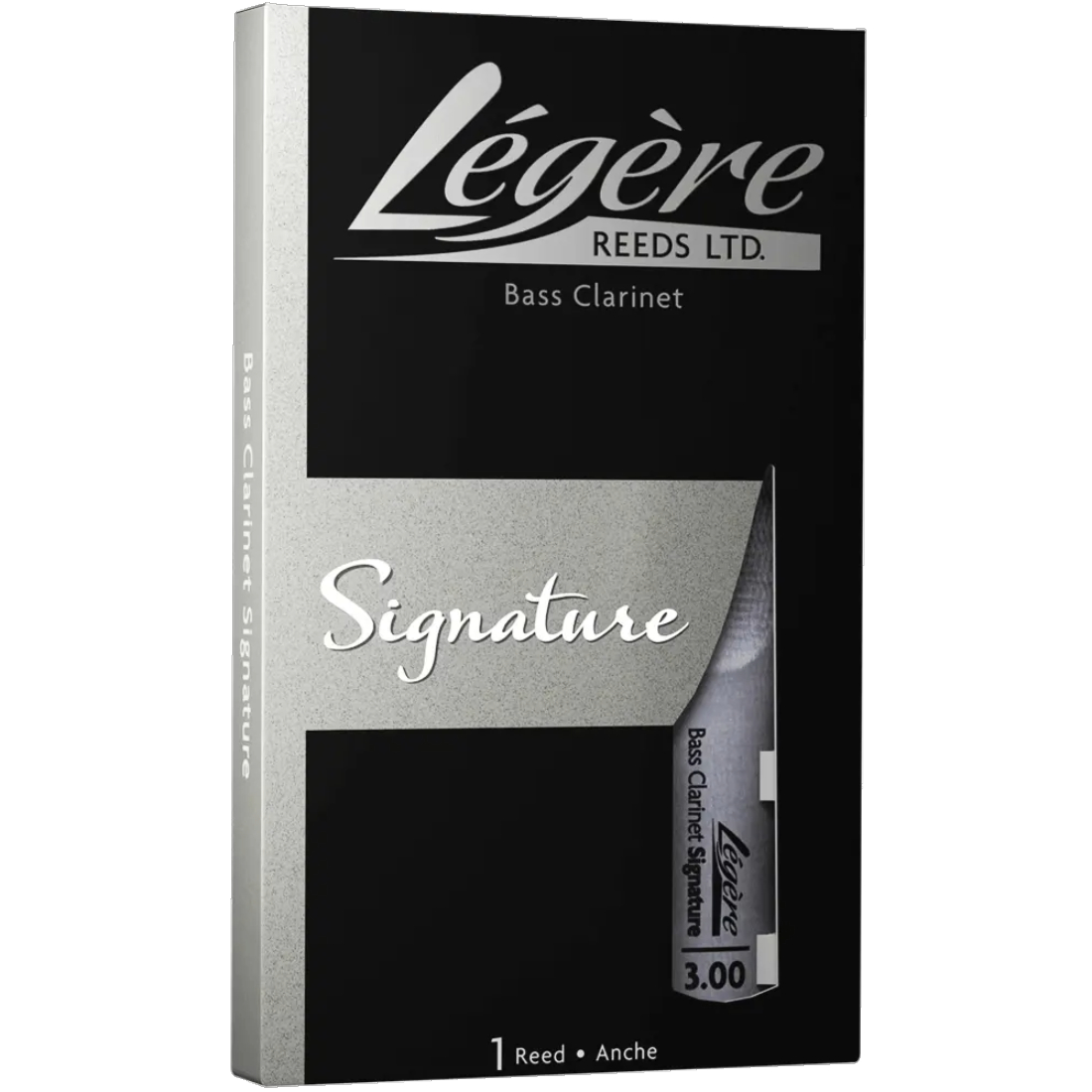 Black and silver box of Legere signature synthetic bass clarinet reeds